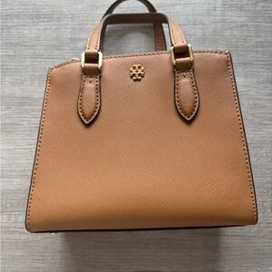 Tory Burch mini Emerson Tan Satchel with Saffiano Leather